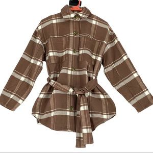 A New Day Women’s Button Up Long Sleeve Belted Shirt Jacket Brown Plaid Size XS